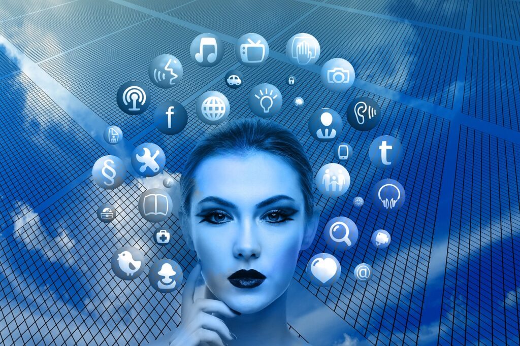 woman, face, social media, nature, thoughts, head, applications, apps, social media applications, icons, circle, tree, networks, internet, social, social network, facebook, google, social networking, networking, multimedia, blue